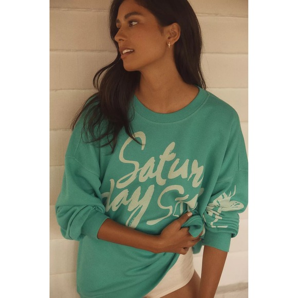 NEW Anthropologie x Lyre Bird Oversize Graphic Crewneck Sweatshirt Teal XXS / XS